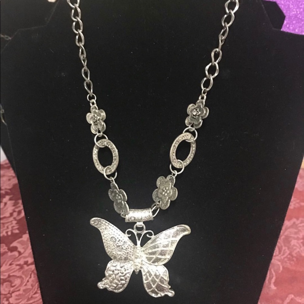 Silver long butterfly necklace